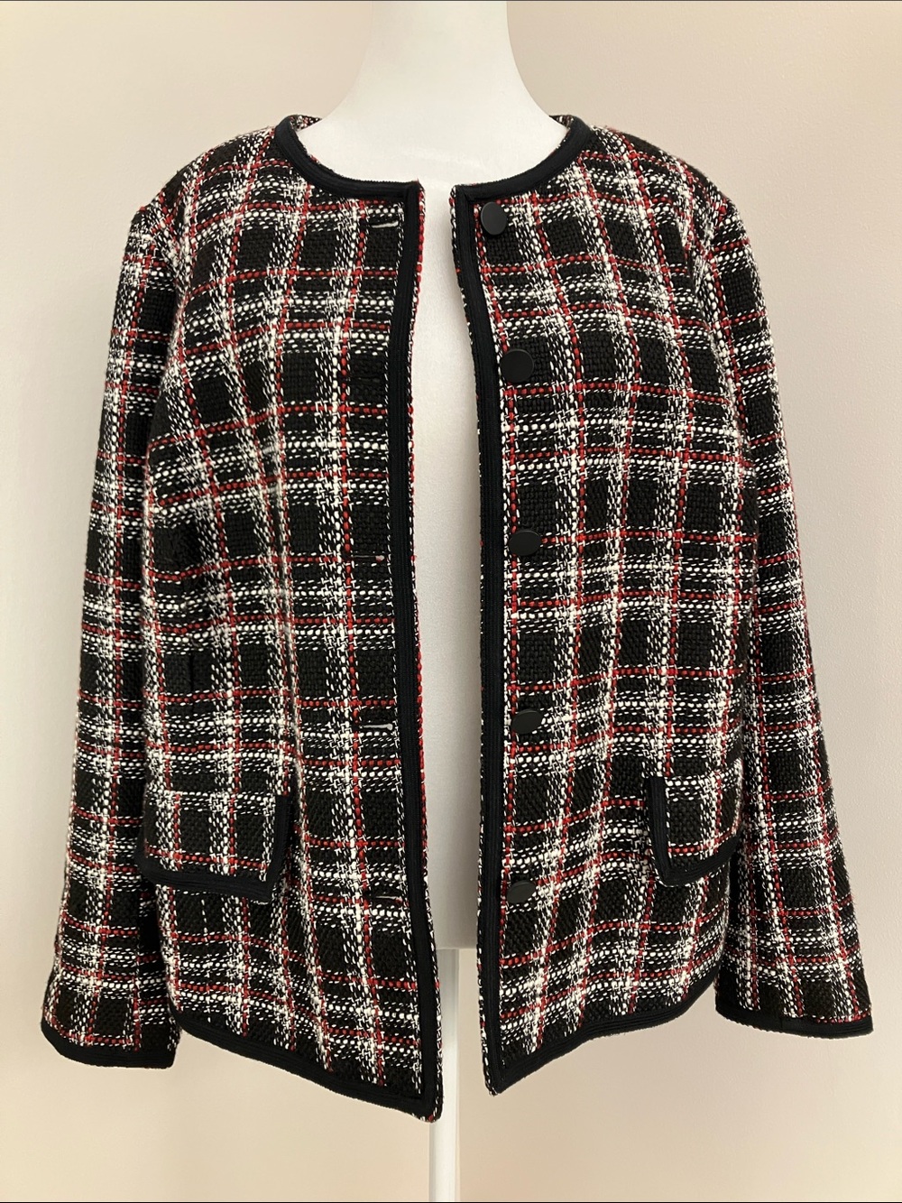 Liz Claiborne Career Woman Black Plaid Tweed Jacket with Red & White Accents